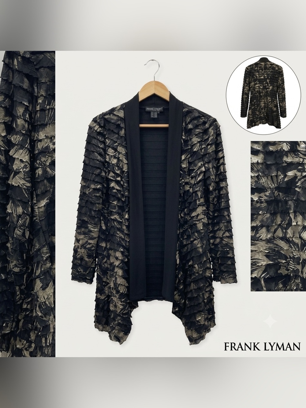 Frank Lyman Design Black and Silver Textured Ruffle Open Cardigan